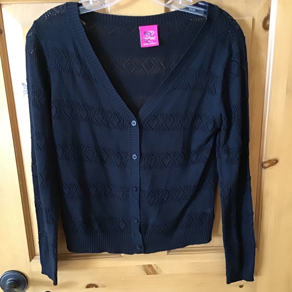 Classic Black Open-Knit V-Neck Cardigan - Picture 1 of 7